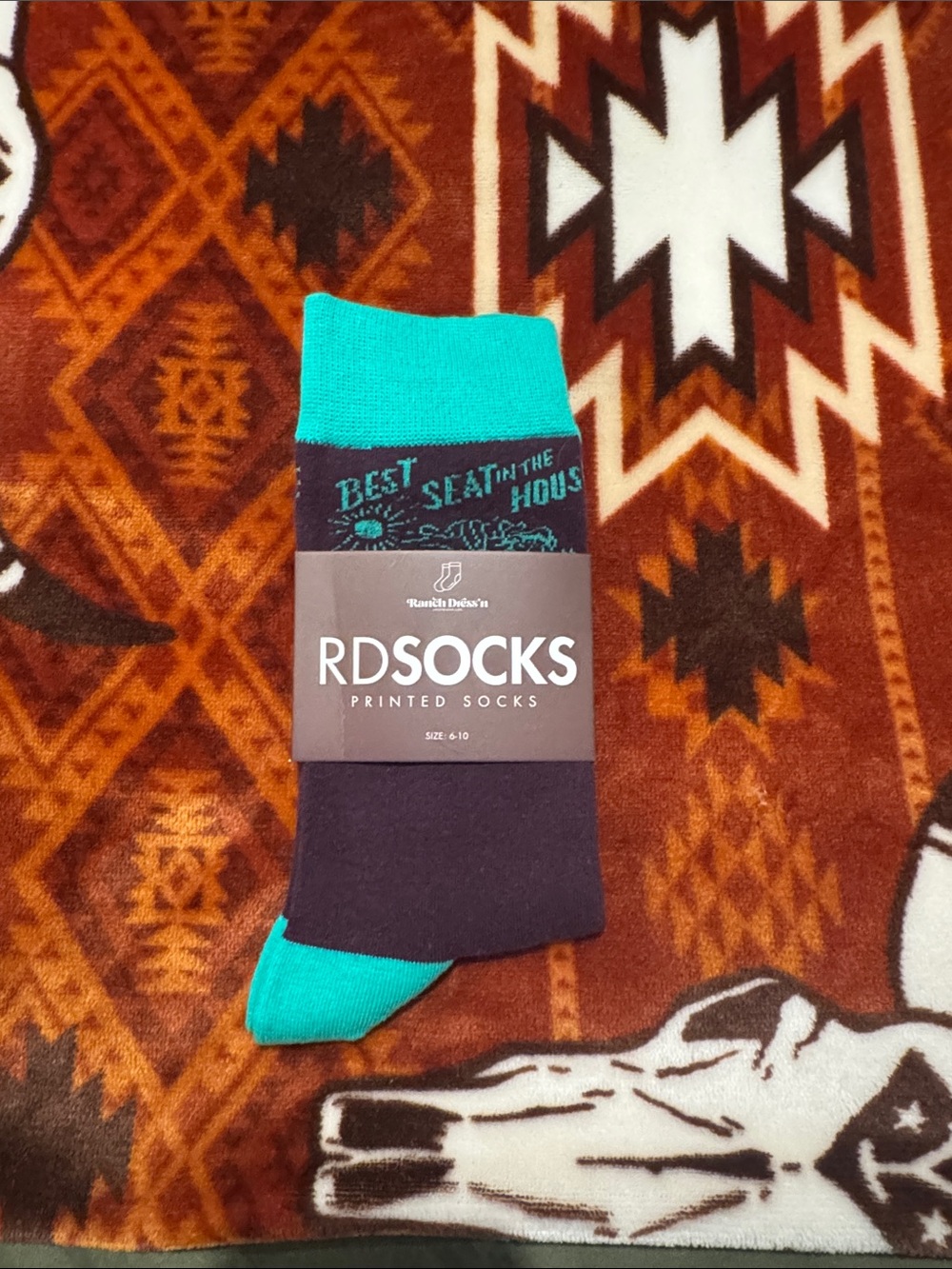 RD Socks Women's Teal and Purple Printed Crew Socks “Best Seat In The House”